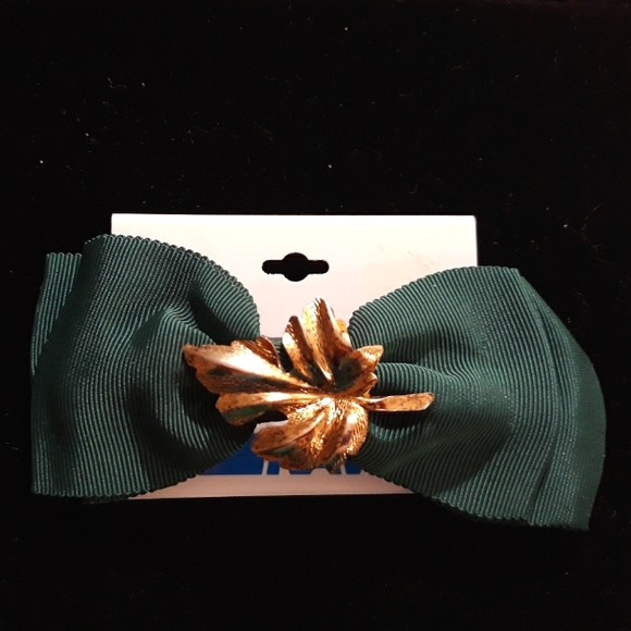 Vintage Accessories - Vtg 80's Rave Green Hair Bow with Gold Leaf Adornment